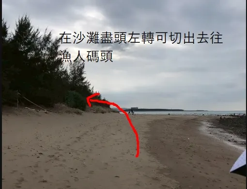 沙灘走到最底沒路了就要準備左轉切出去往漁人碼頭