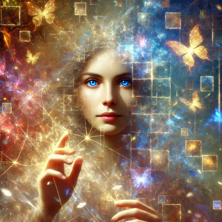 The face bore many lives, each layer speaking in colors and shadows. Pink hues sang of fleeting joy, the blue eyes flickered like stormy seas, while the fading outlines danced to melodies of impermanence.