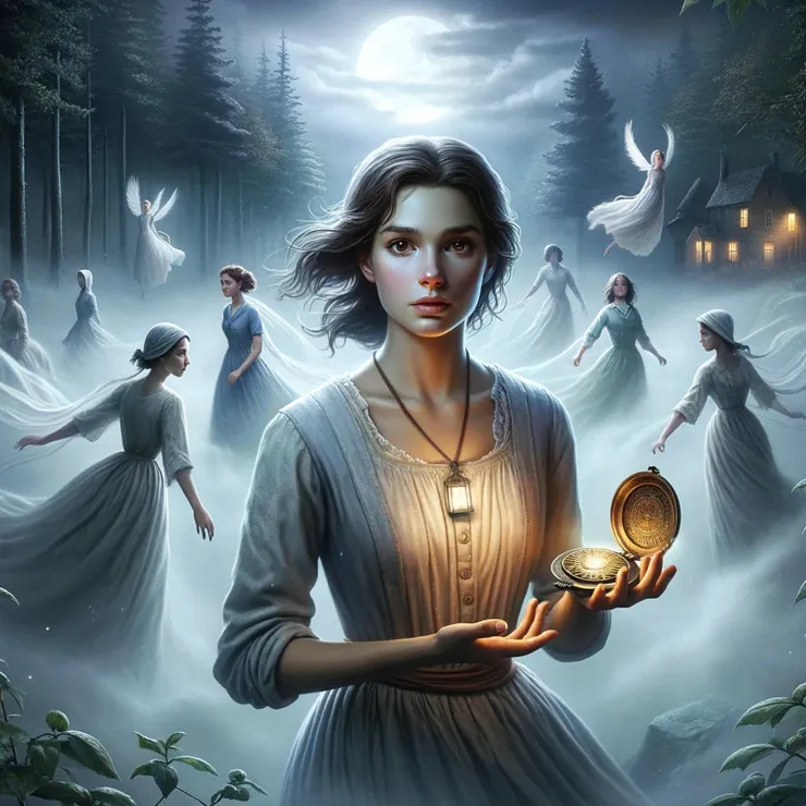 In the center, there is a young woman named Jane, with a determined yet curious expression, standing at the edge of a mysterious, fog-enshrouded forest at night.