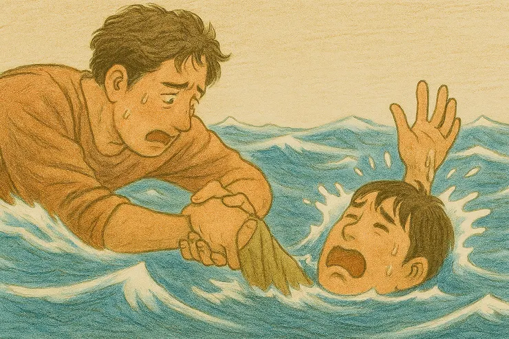 插圖展現了一名男子奮力救人，卻自身也陷入洶湧海水之中。（插圖由Copilot協助創作）