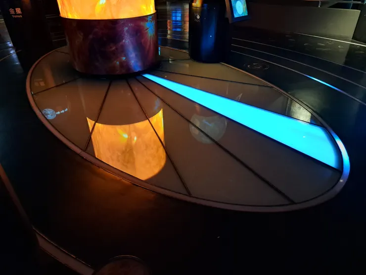 地面光軌模擬了各個行星在軌道上的運行狀況，行星的繞日公轉軌道都是橢圓形；行星與太陽連線在任何相同長度時間內，掃過的扇形面積都相同。