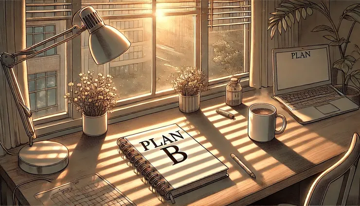 清晨陽光透過辦公室的窗戶照進來,桌上放著一本寫著「Plan B」的筆記本,象徵新的開始。