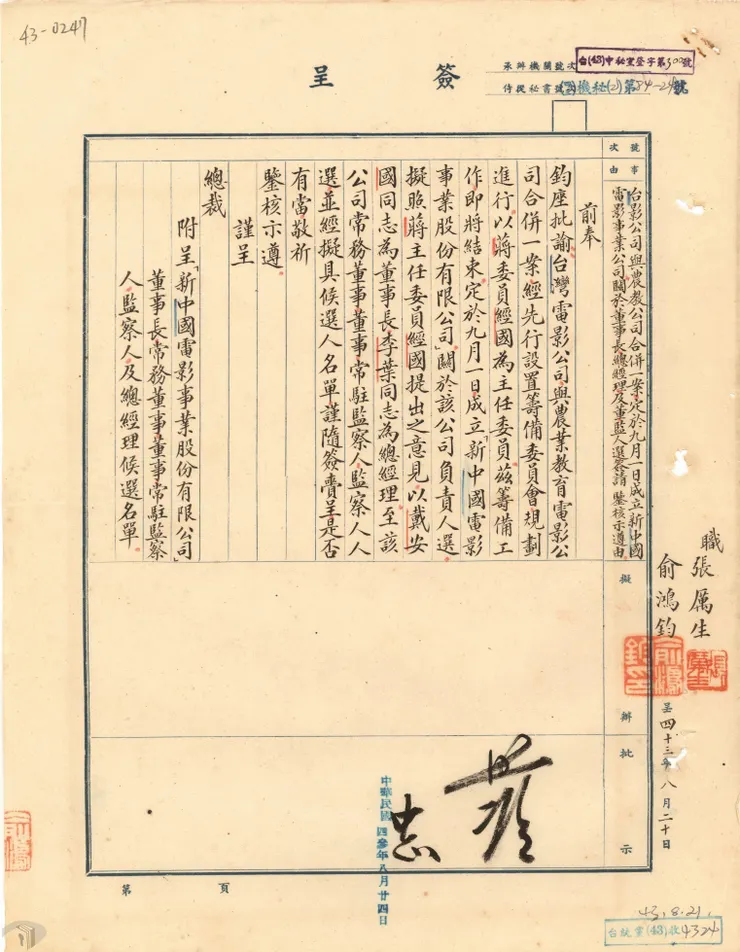 圖5 臺灣電影公司與農業教育電影公司合併案 案名：43年總裁批簽 檔號：0043/總裁批簽/001/0004 來源機關：社團法人中國國民黨 管有機關：國家發展委員會檔案管理局
