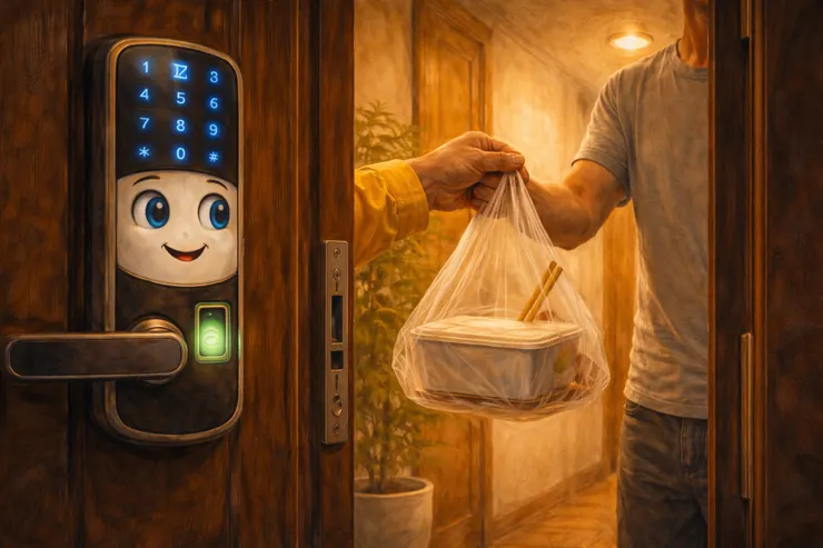  梁练伟家门口智能门锁注视外卖餐盒交接场景