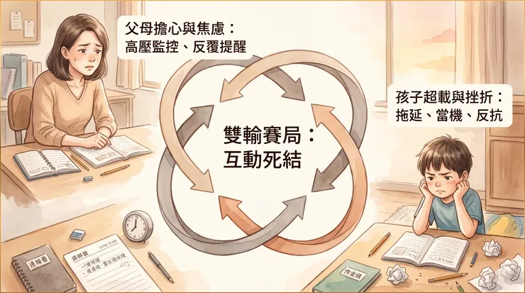 ▲ Patterson 提出的「高壓脅迫循環」提醒我們：大人的高壓與孩子的逃避，常會在無意間彼此強化，讓互動死結越打越緊。