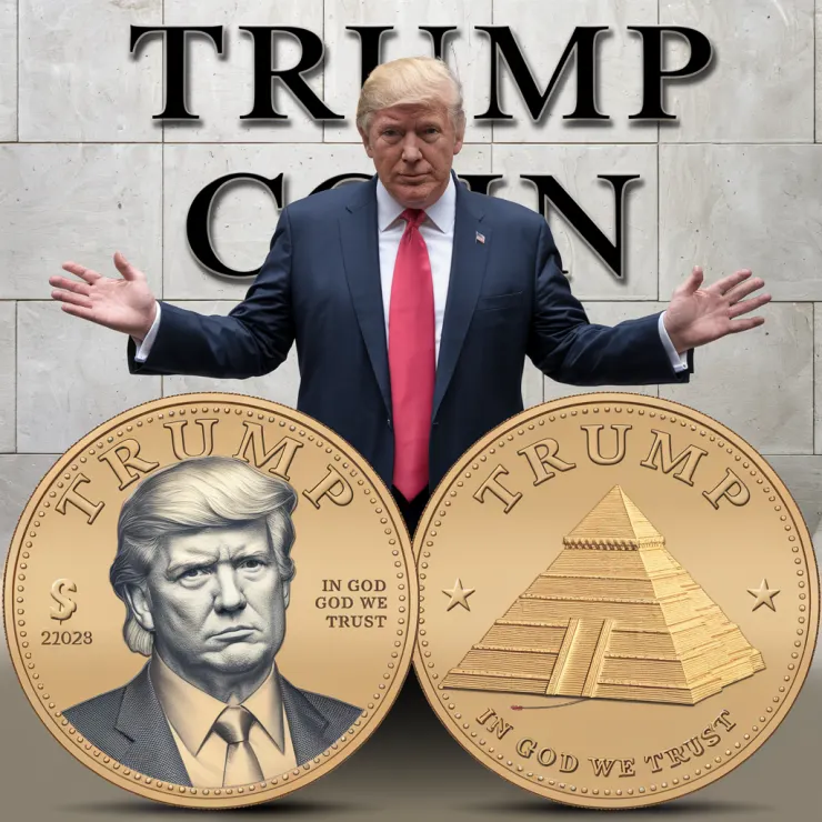 A satirical image of Donald Trump releasing a new currency called "Trump Coin". He is standing in front of a wall with his name written on it. The currency has his portrait on one side and a pyramid with the words "In God We Trust" on the other.