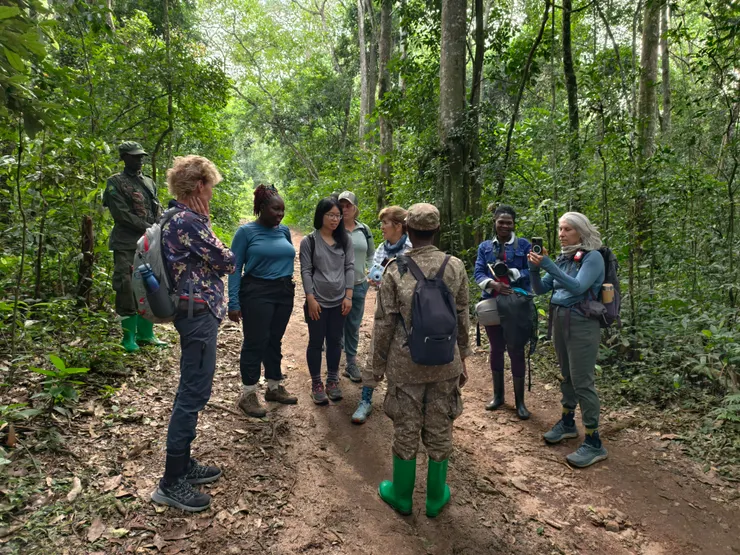 基巴萊國家公園的解說員說明進入森林追蹤及觀察黑猩猩的注意事項,另有持槍的保育員及大學動物系的實習生隨行。