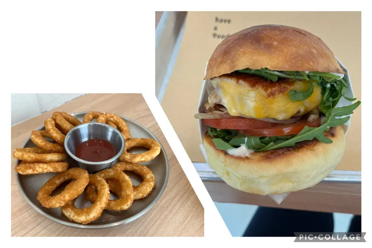 洋蔥圈、烤起司牛肉堡。