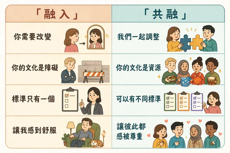 融入、共融的差異（圖/ChatGPT 製作）