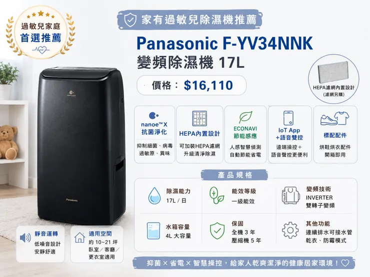 Panasonic F-YV34NNK 17L 變頻除濕機 過敏兒家庭首選｜nanoe™X抗菌＋HEPA濾網、一級能效省電、WiFi App智慧控制，2026最適合寶寶房與過敏家庭除濕機