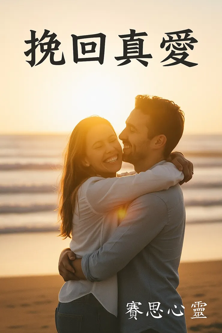 一對情侶在夕陽下緊緊相擁，臉上洋溢著重逢的喜悅與幸福，象徵透過賽思心靈法術成功挽回真愛後的圓滿結局。