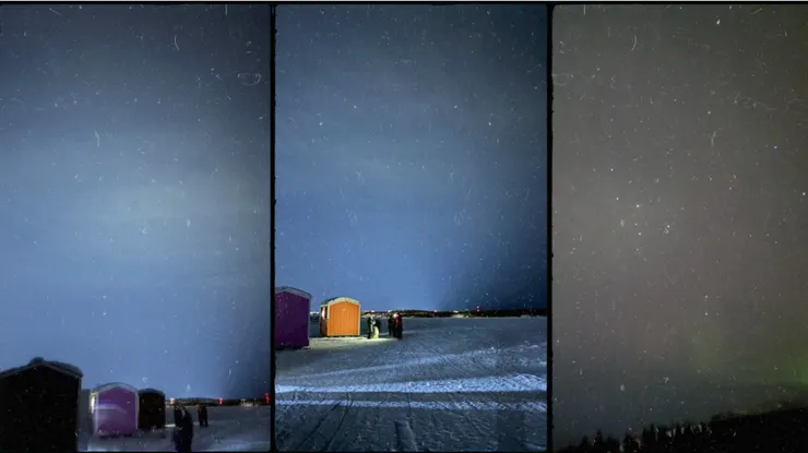 冰凍湖面上的小屋＆極光尾巴(右下角)