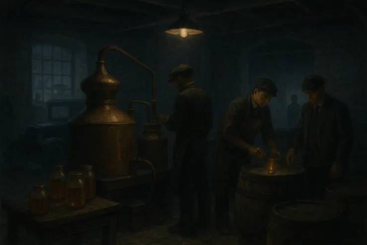 在夜色的掩護下,黑幫成員將私釀酒桶裝上車,遠處的巡查員手持手電,逐步逼近。沒有誰真信仰法律,只有利益與恐懼在彼此交錯。〈本插圖示意圖由AI協助生成。〉