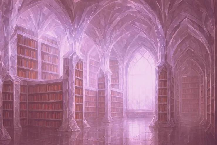 夢中的水晶圖書館更巨大、更高聳，充滿斑斕的七彩反光與粉紅水晶 - ChatGPT