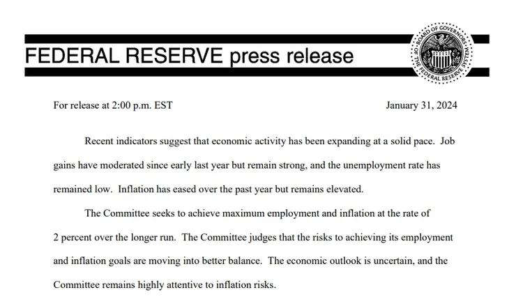 美联储2024年1月利率决议