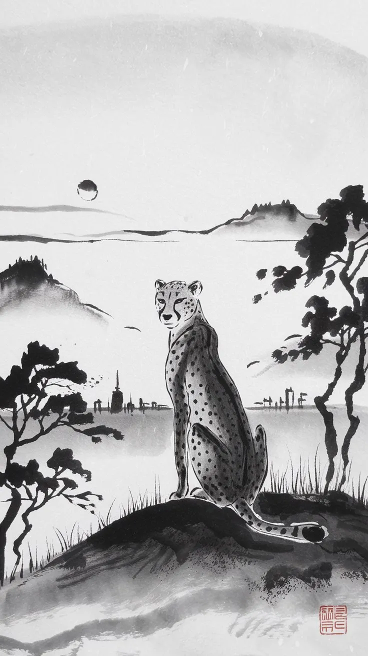 A minimalist ink wash painting of a cheetah sitting peacefully on a hill overlooking a vast plain at sunrise