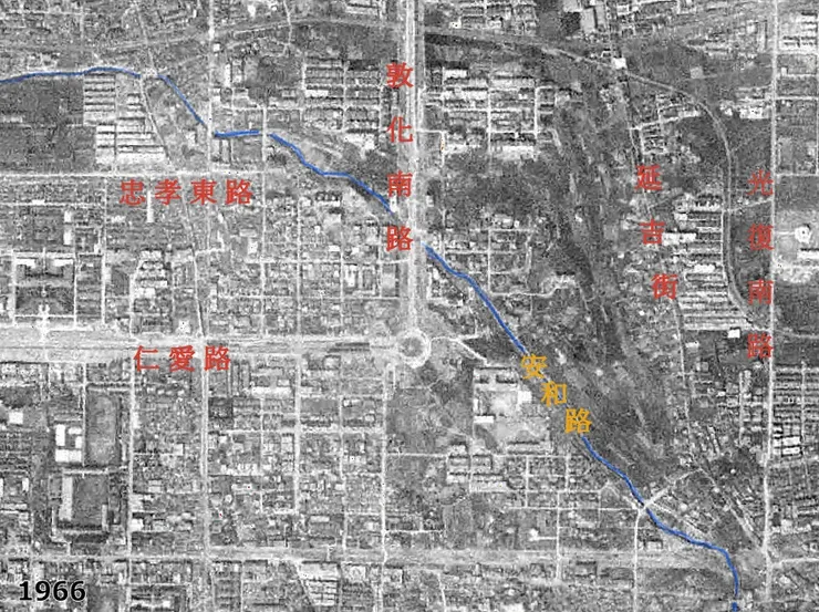 1966年航照圖。忠孝東路往東只開到大安路，仁愛路開到敦化南路圓環，安和路是一條河，與延吉街之間多為荒地或農田
