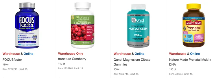 左起折扣後價格：腦部記憶補充錠 $23.99、蔓越莓濃縮錠 $26.99、鎂加強錠 $18.99、孕婦葉酸+DHA $22.99。