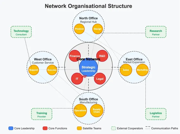 網絡制 (Network Structure)：核心成員與外圍合作者、辦公室形成水平合作結構