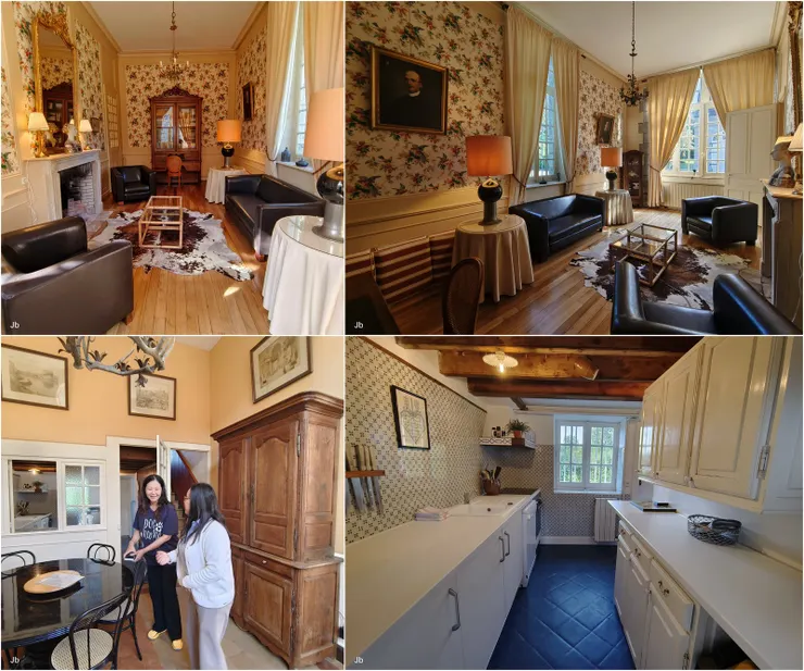 【布塞埃爾城堡歷經許多可泣可歌，如今主人在此長住笑臉迎接來客！女主人引領參觀，介紹環境。一樓有間大客廳(上二圖)、餐廳(下左)和廚房。】