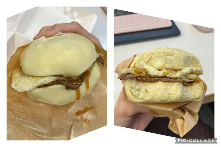 奶油饅頭夾花生醬牛排蛋。