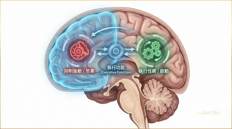 Barkley 的 ADHD 執行功能模型認為，ADHD 核心是『行為抑制』的缺損，而這與前額葉及其相關神經網路的功能有關，進一步影響工作記憶等執行功能。孩子並非真的『不想做好』，而是用來煞車與維持目標的執行功能（包括行為抑制與工作記憶）較不成熟，行為比較難在當下被內在規則拉得住。