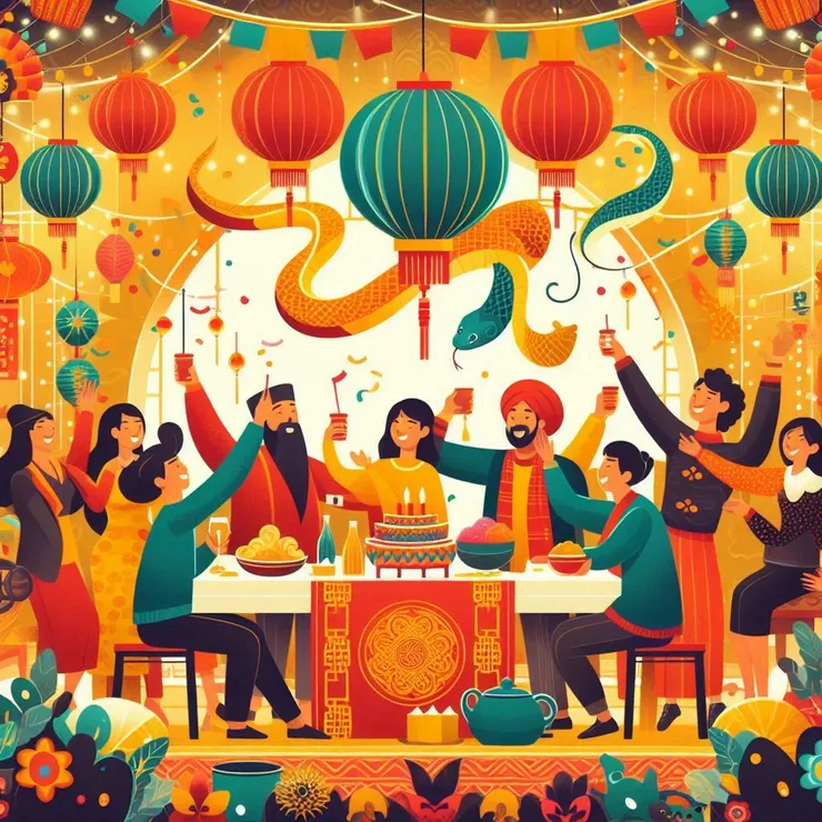 copilot。幫我畫張圖：感謝各位，祝福大家蛇年行大運。