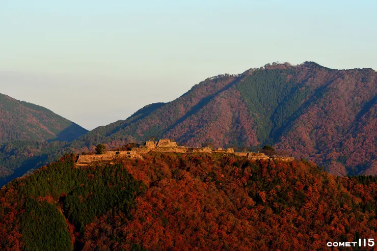 朝陽照耀下的竹田城與周圍的紅葉一同被染成金黃色，形成令人屏息的美景