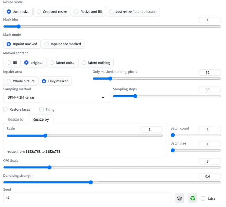 inpaint設定，我使用0.4的Denoising strength