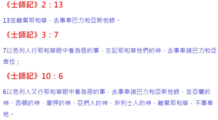 《士師記》裡多處記載的以色列人行耶和華眼中看為惡的事，忘記耶和華他們的神