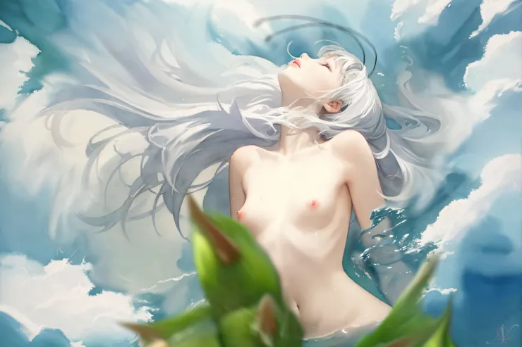 一名少女從蛹中站起，頭一甩，銀白秀髮散撒開，完美的少女軀體隨著漸漸褪下的白霧衣裳顯露而出。