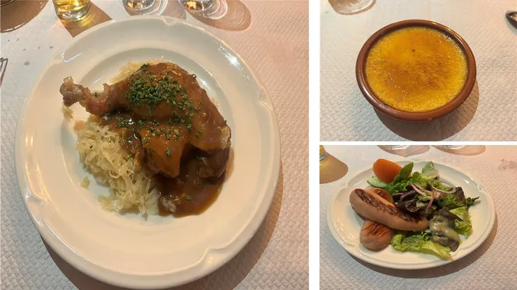 前菜熱狗沙拉、主餐油封鴨腿、甜點烤布雷