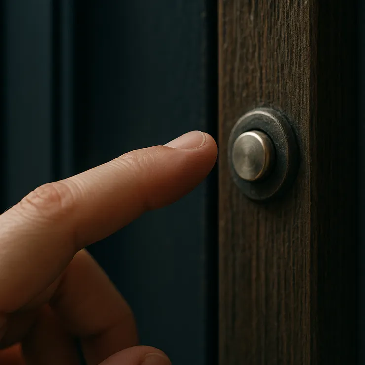 老式門鈴金屬冷光；指腹在按下前停一秒，門縫光細細呼吸。