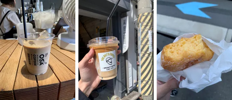 咖啡們加上好吃的甜甜圈，麵包店門外有一個區域可以讓我們吃東西XD。