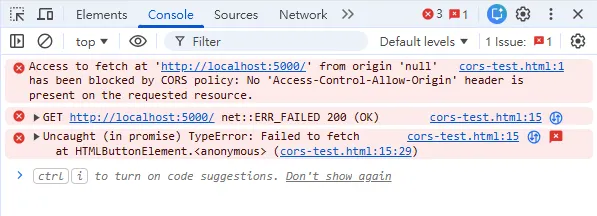 CORS error message