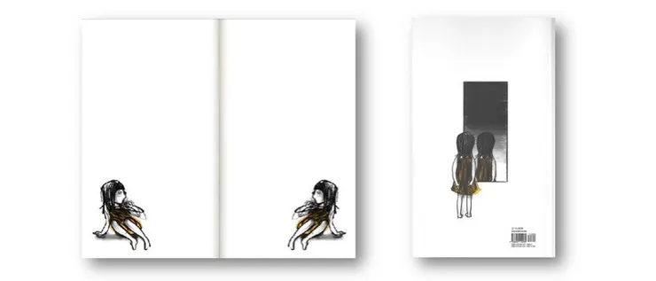 圖7(左)書頁右下角有一位孤單獨坐的小女孩。翻頁後,左側原本空白的位置,竟然出現一個和自己一模一樣的小女孩。 圖8(右)《鏡子》封底