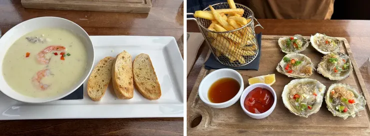 Oyster Cove-海鮮巧達農湯(左)&蒸過的生蠔(右)