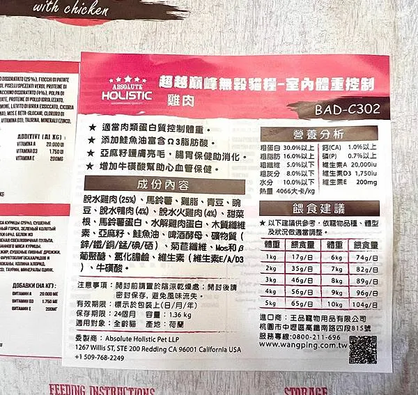 Absolute holistic超越顛峰無穀貓糧(體重控制) 成分