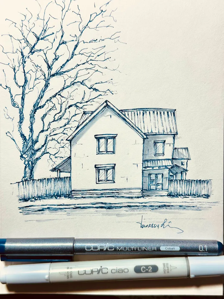 日式房屋/藍色代針筆，灰藍色麥克筆