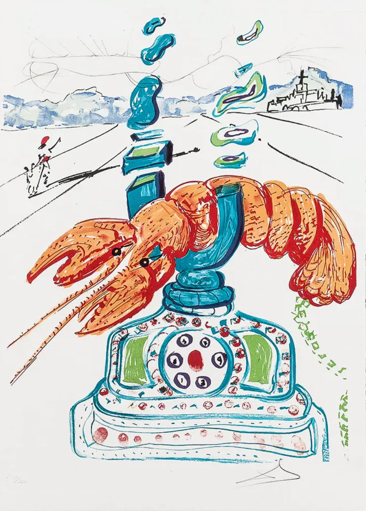 Salvador DaliCybernetic Lobster Telephone (Imagination & Objects of the Future Portfolio), 1975-1976Color lithograph with drypoint on wove paperSigned "Dalí" in pencil within the image and numbered from the International edition of 250 (the total edition size was 600). 30 3/8 × 22 in 77.2 × 55.9