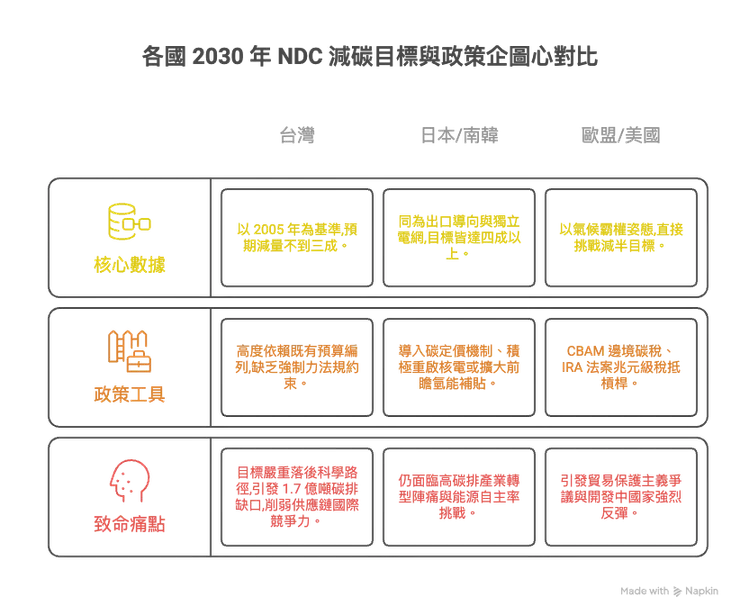 各國 2030 年 NDC 減碳目標與政策企圖心對比