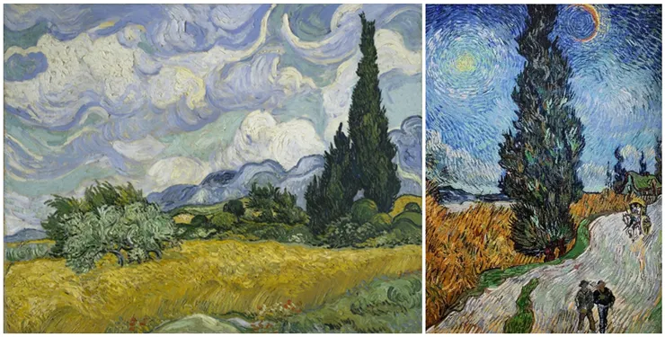 (左)麥田裡的絲柏樹,1889, 美國 紐約大都會美術館 (右)絲柏樹,1990, 美國 紐約大都會美術館。