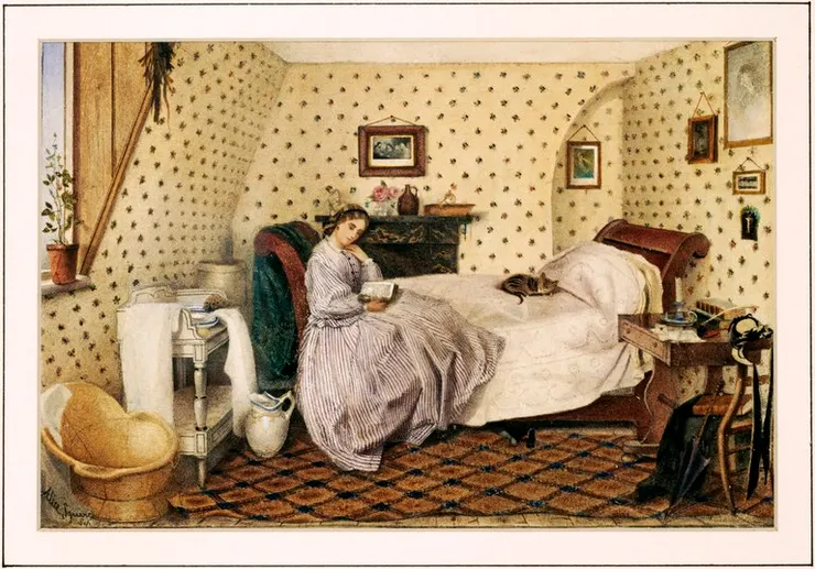 《Young Woman Reading》，Alice Squire於1861年所繪，展現家庭教師位於閣樓的狹窄寢室，《女僕的祕密生活》書中亦出現此畫。