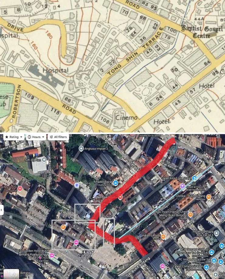 同善路和同善街與周圍地圖比較。--Kuala Lumpur Map,Survey Dept., Federation of Malaya No. 65 - 1957;Google Map.