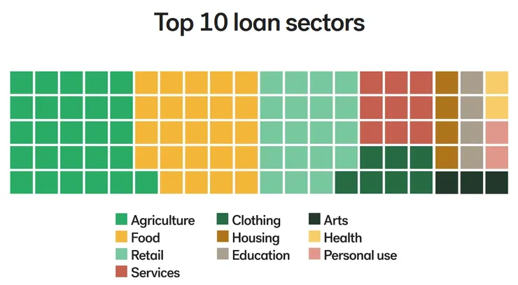 Kiva借出的金錢主要被使用的領域(圖片取自官網)