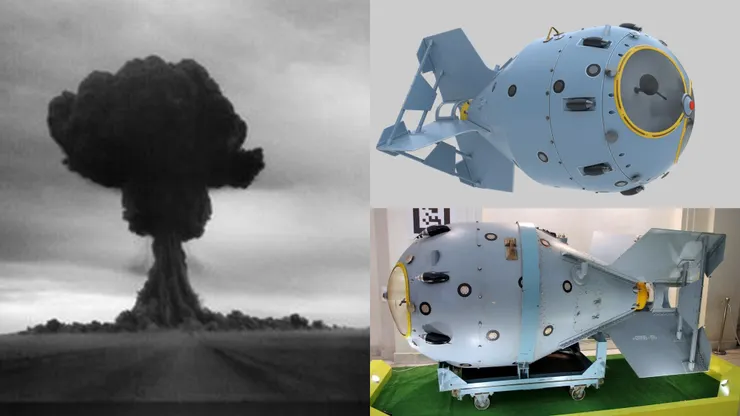 （左）蘇聯RDS-1原子彈核試爆；（右）RDS-1原子彈的外觀，與「胖子」原子彈的外觀及構造類似