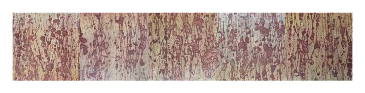 積吶虹光〈虹磚-橫山書法 (線紋路)〉，2016年，壓克力顏料、紙，170 X 34 cm。虹，以更簡約、調和的單一色方式呈現，讓線條成為焦點。將書法線條和虹相互結合的藝術風格，整體風格傾向於抽象、現代藝術，並帶有書法的文化意涵，作品透過線條的流動和書法的筆觸，表達一種簡約而又豐富的藝術風格，觀眾可以在這樣的作品中，感受到傳統和現代之間的對話與融合，同時探索傳統和現代之間的平衡。