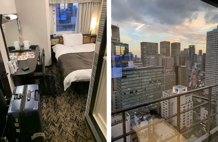APA Hotel 大阪梅田站 (左圖是房間的格局，右圖沒記錯的話是 13&nbsp;樓看出去的風景)