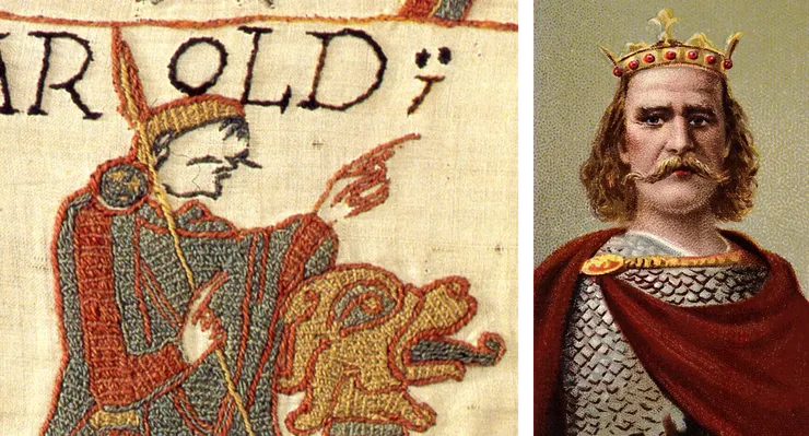 貝葉掛毯（Bayeux Tapestry）中的哈羅德和後人繪製的哈羅德肖像。