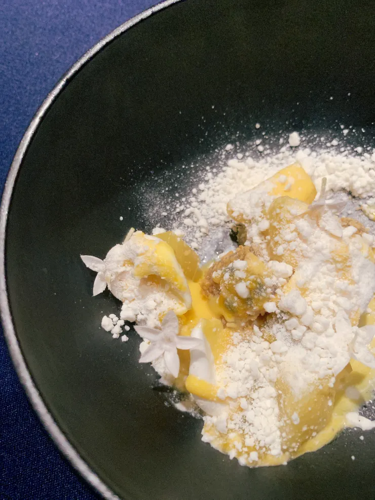 冷凍椰子粉的效果好驚喜，搭配百香果和奇異果作為第一道甜點很容易入口